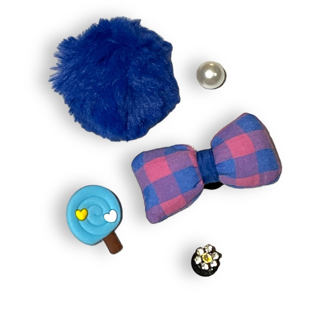 Shoe Croc Charms Set of 5 Pearl, Bling Flower, Lollipop, Bow & Pom Pom in Blue